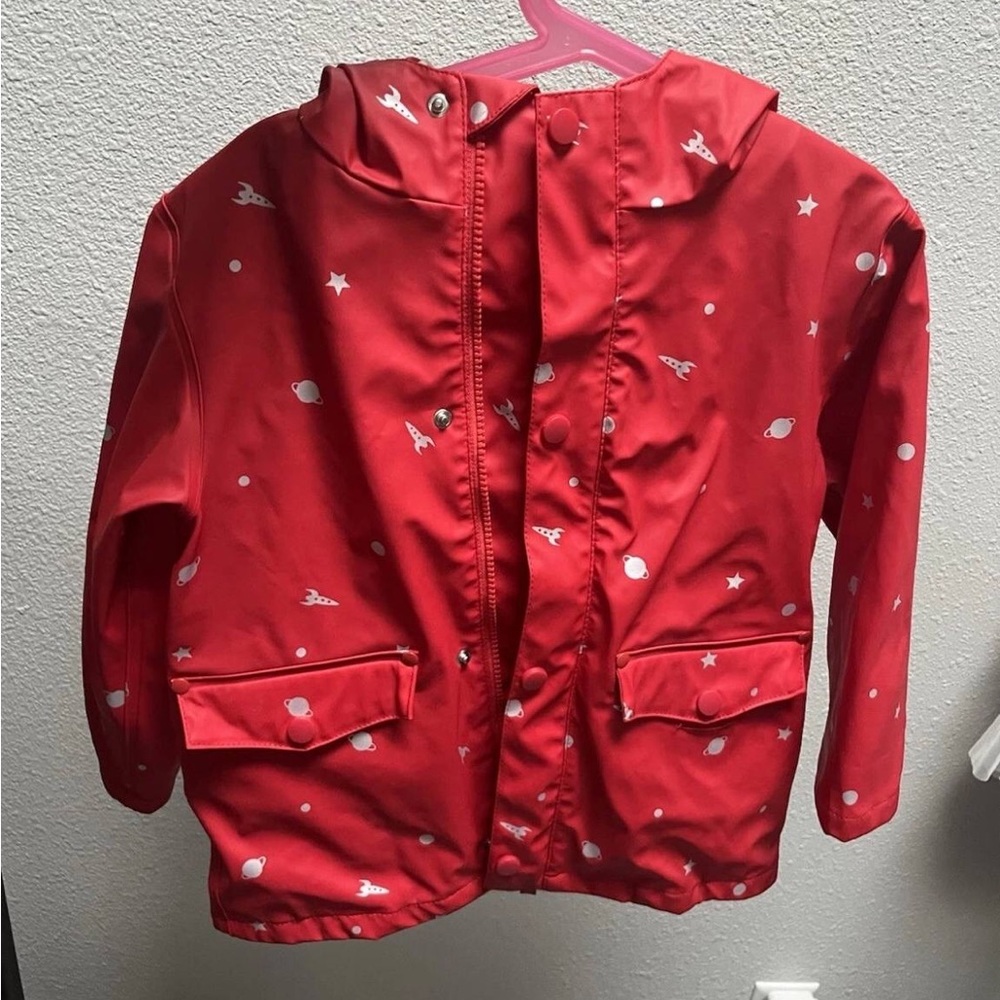Mini Boden Red Space-Print Hooded Raincoat